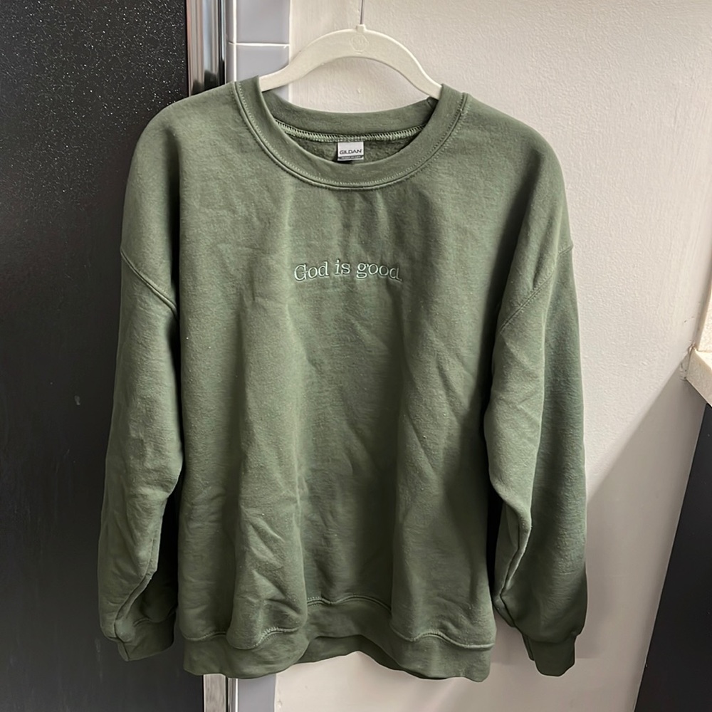 L God is good green crewneck